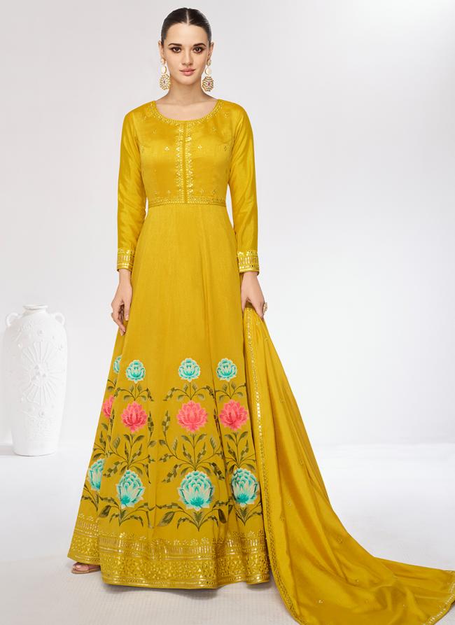 Silk Yellow Party Wear Embroidery Work Gown With Dupatta